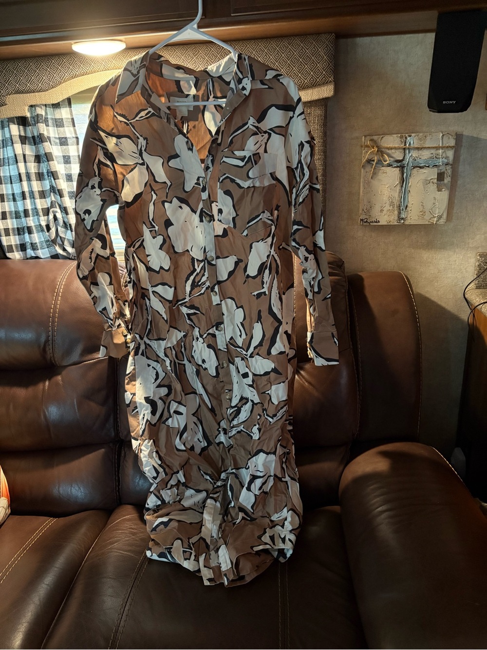 Anthropologie Brown and White Floral Midi Shirt Dress
